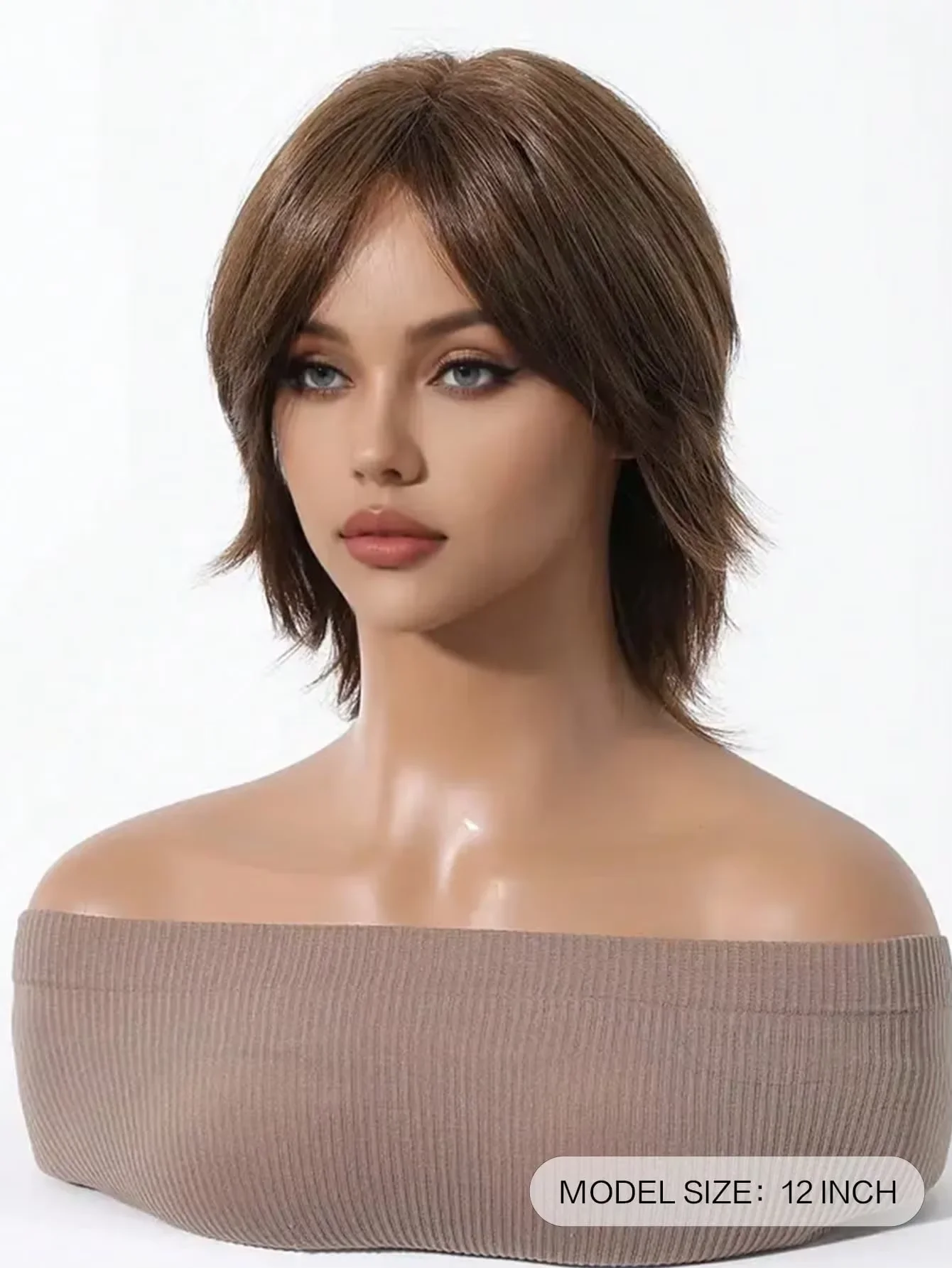 12 inch short salmon head wig with bangs, women's short straight black synthetic wig, party elf cut short wig