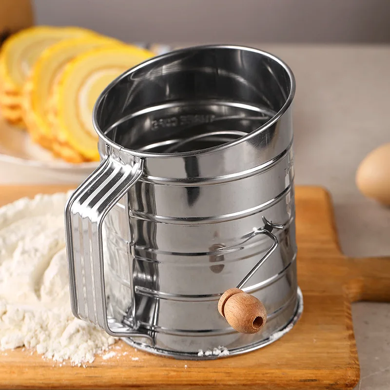 

Stainless Steel Cup Flour Sieve kitchen strainer Hand-cranked oblique graduated flour sieve Pastry utensil baking accessories