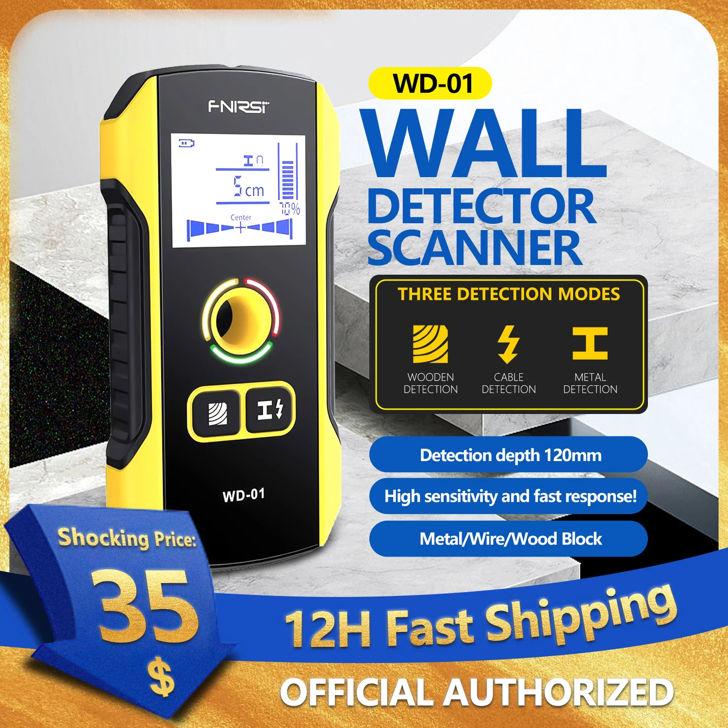 

FNIRSI WD-01 Metal Detector Wall Scanner With Newly Designed Positioning Hole For AC Live Cable Wires Wood Stud Find