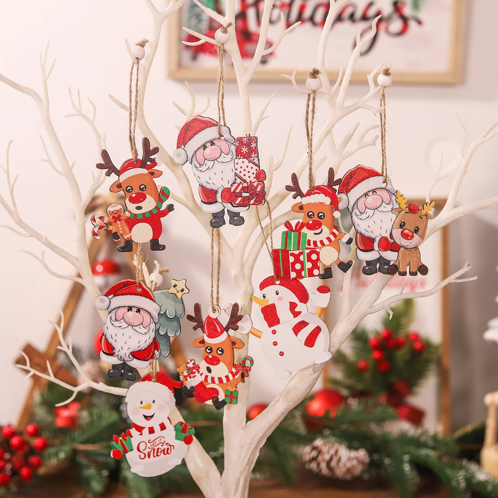 QIHE-36PCS Christmas Red Angel Ornaments, 12 Styles Wooden Hanging Decor Hemp Rope Diy Blank Back Message Writing Xmas Tree Home Decoration