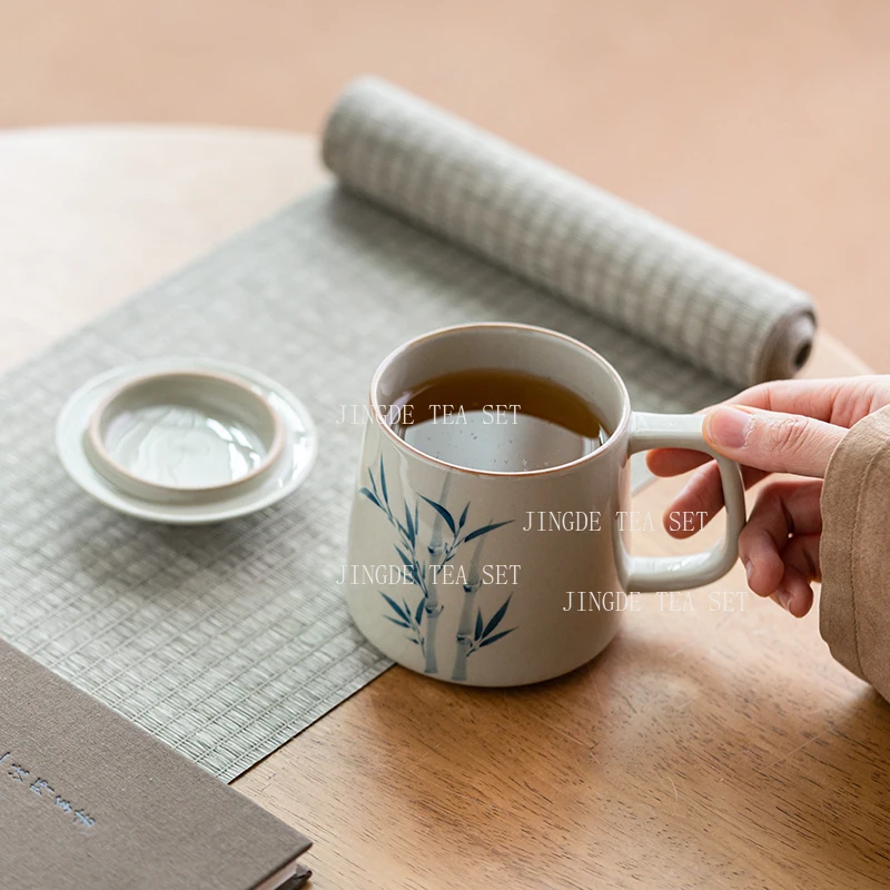 Ceramic Covered Teacup Office Tea Set Water Cup Hand Drawn Mug Grass and Ash Underglaze Colored Tea Cups Coffee Mug
