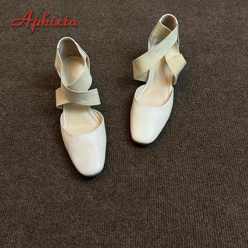Aphixta Round Tou Ballet Shoes 7CM Square High Heels Woman Shoes Pumps Cross Elastic Band Shallow Woman zapatos de mujer