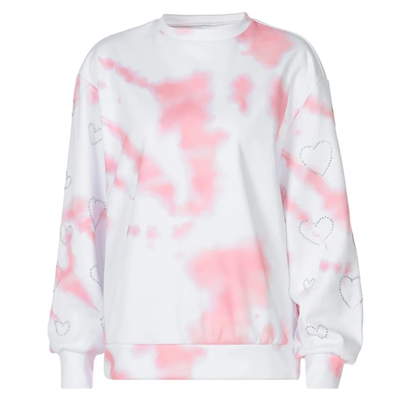 2023 Woman Long Sleeve Tops Hoodies Heart Bronzing Diamond Valentine's Day Fashion Round Neck Tie-dye Loose Pullover Sweatshirts not yours valentine sweatshirt for her girlfriend gift for valentines day present pullover love valentine sweatshirts tops