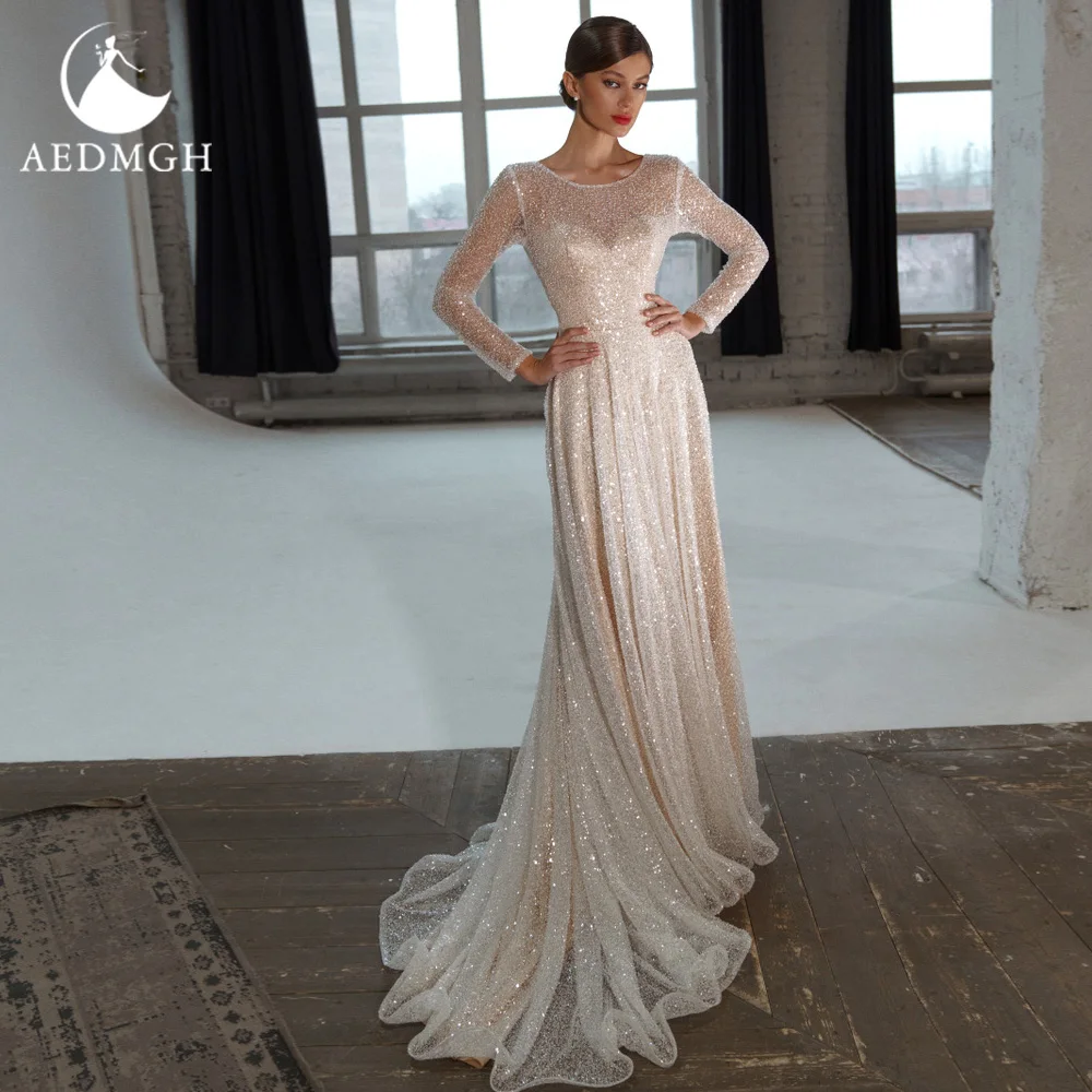 

Aedmgh A-Line Chic Wedding Dresses 2023 O-Neck Long Sleeve Robe De Mariee Lace Sequined Shiny Sweep Train Vestido De Novia