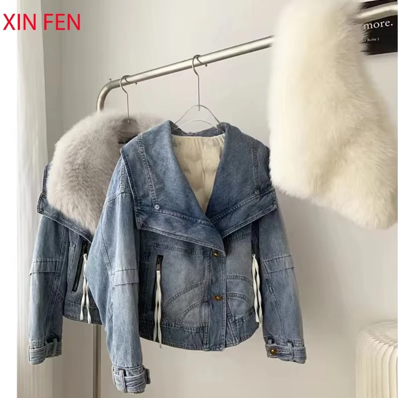 Womens Coats Spring 2025New 100%Natural Real Fox Fur Collar Fashion Short Denim Jacket Luxury Goose Down Puffer Jackets Clothing 6