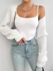 Shrug Raglan Sleeve Open Front Cardigan Elegant Solid Color Ribbed Knitted Cardigan For Spring & Fall Women's Clothing 5