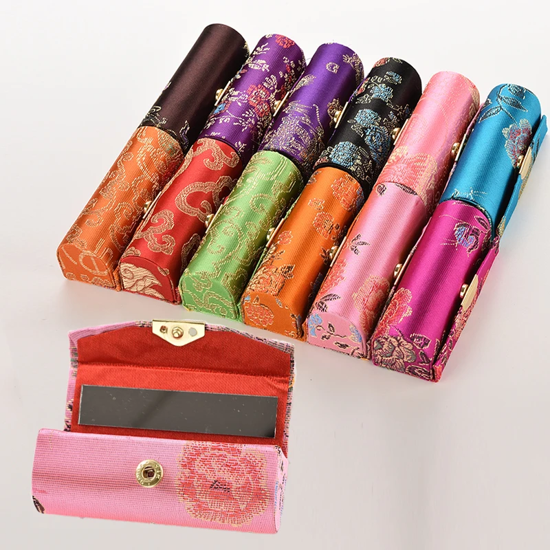 

1pc Portable Embroidered Lipstick Case Storage Jewelry Holder Random Retro Flower Design Lipstick Display Box With Mirror