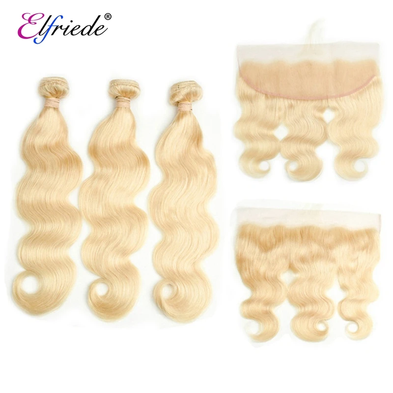 

Elfriede #613 Blonde Body Wave Bundles with Frontal Brazilian Remy Human Hair Weave 3 Bundles with 13X4 Transparent Lace Frontal