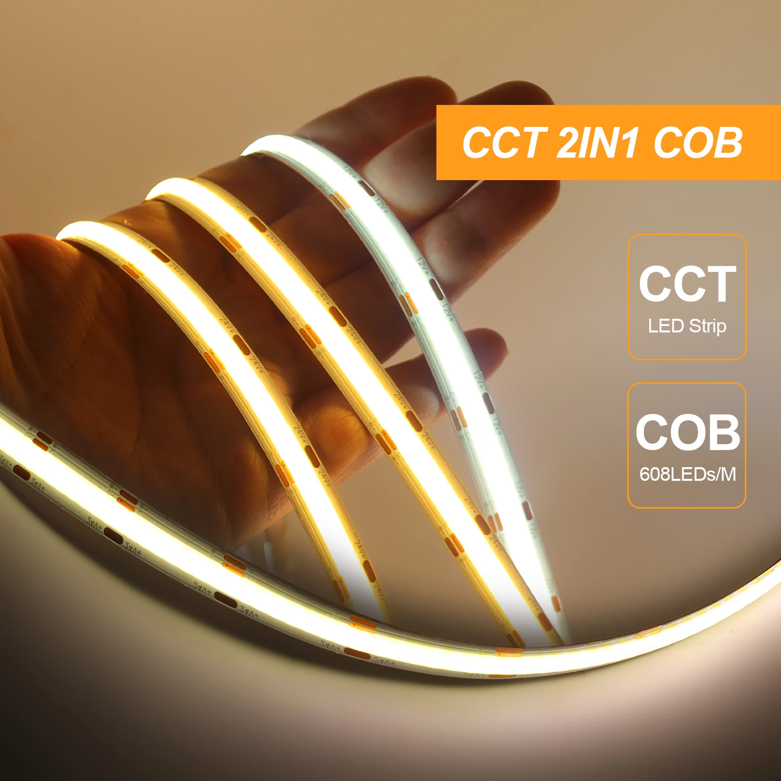 

5M COB CCT LED Strip Lights High Density Dual Colour Warm Cool White 608 LEDs/m Dimmable Linear Lights Flexible Tape DC12V 24V