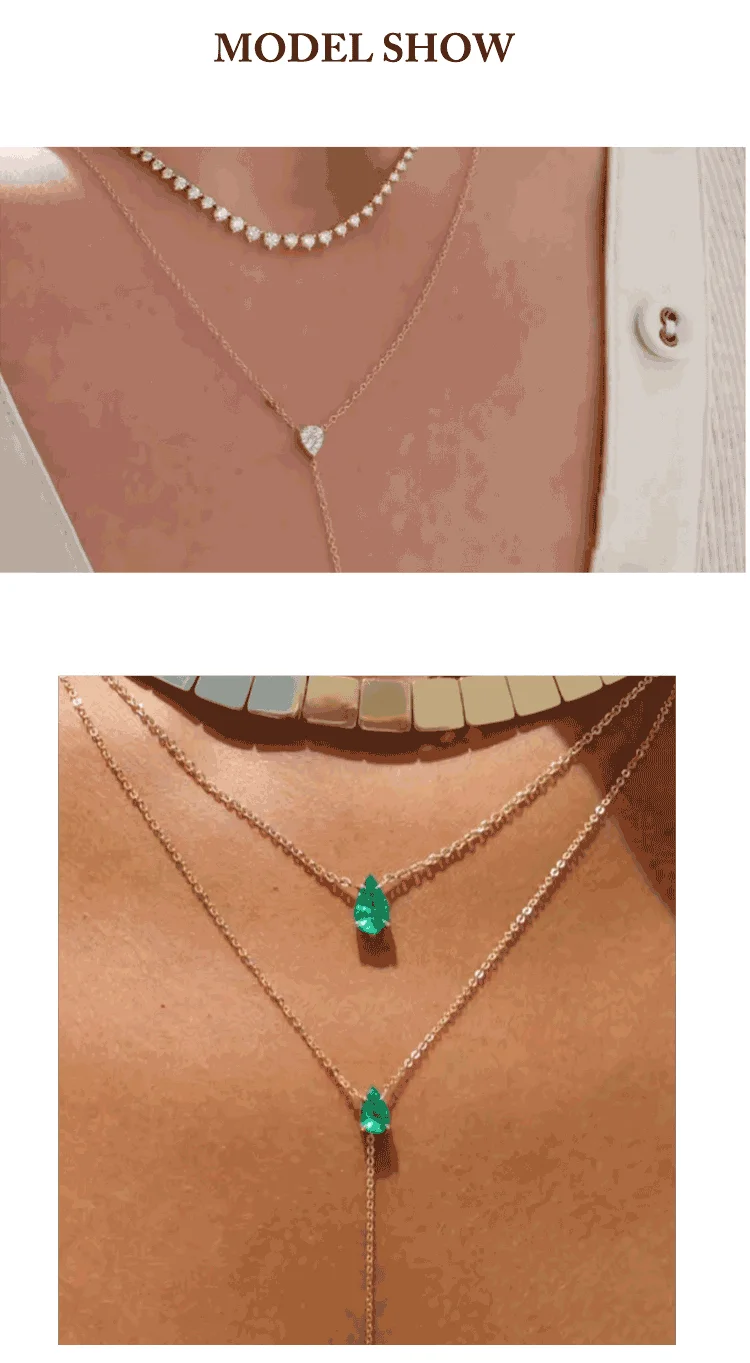 Hochwertige einfache doppelschichtige Tropfen-Charm-Halskette mit grünem CZ gepflastert für Damen, modischer klassischer Schlüsselbeinkettenschmuck – Detail 7