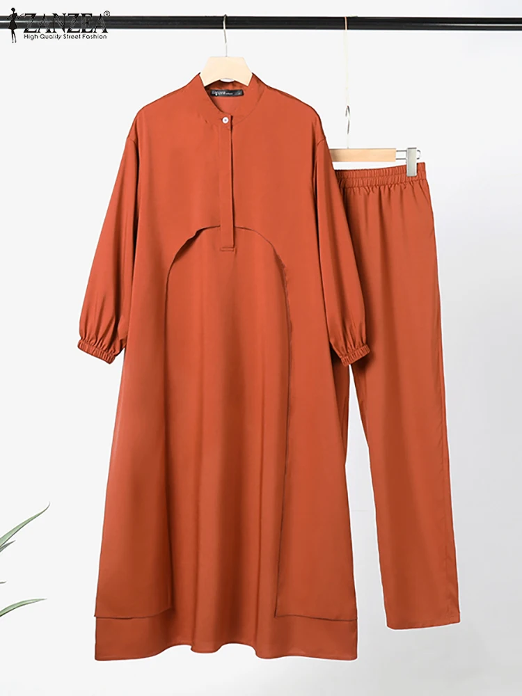 ZANZEA Muslim Abaya Suit Autumn Fashion Matching Sets Women Long Sleeve Blouse Pants Sets Urban Tracksuits IsIamic Dubai Outfits