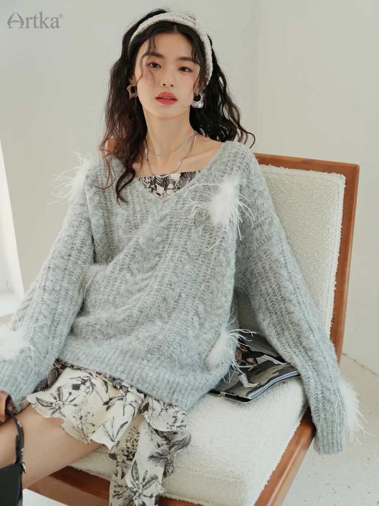 artka-2022-autumn-new-women-sweater-fashion-loose-lazy-style-knitted-sweaters-v-neck-long-sleeve-feather-wool-knitwear-yb92028q