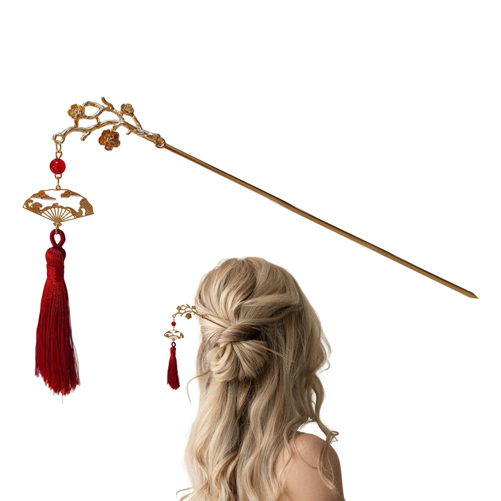 Retro Blume Quaste Haarnadel Für Frauen Elegante Pfirsich Blüte Folding Fan Anhänger Haar Stick Chinesischen Stil Mädchen Haar Zubehör – Detail 1