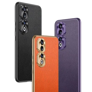 Luxury Cross Pattern Genuine Leather Case for Honor 80 90 Pro Metal Lens Cover Protection Non-Slip Texture Matte Phone Case