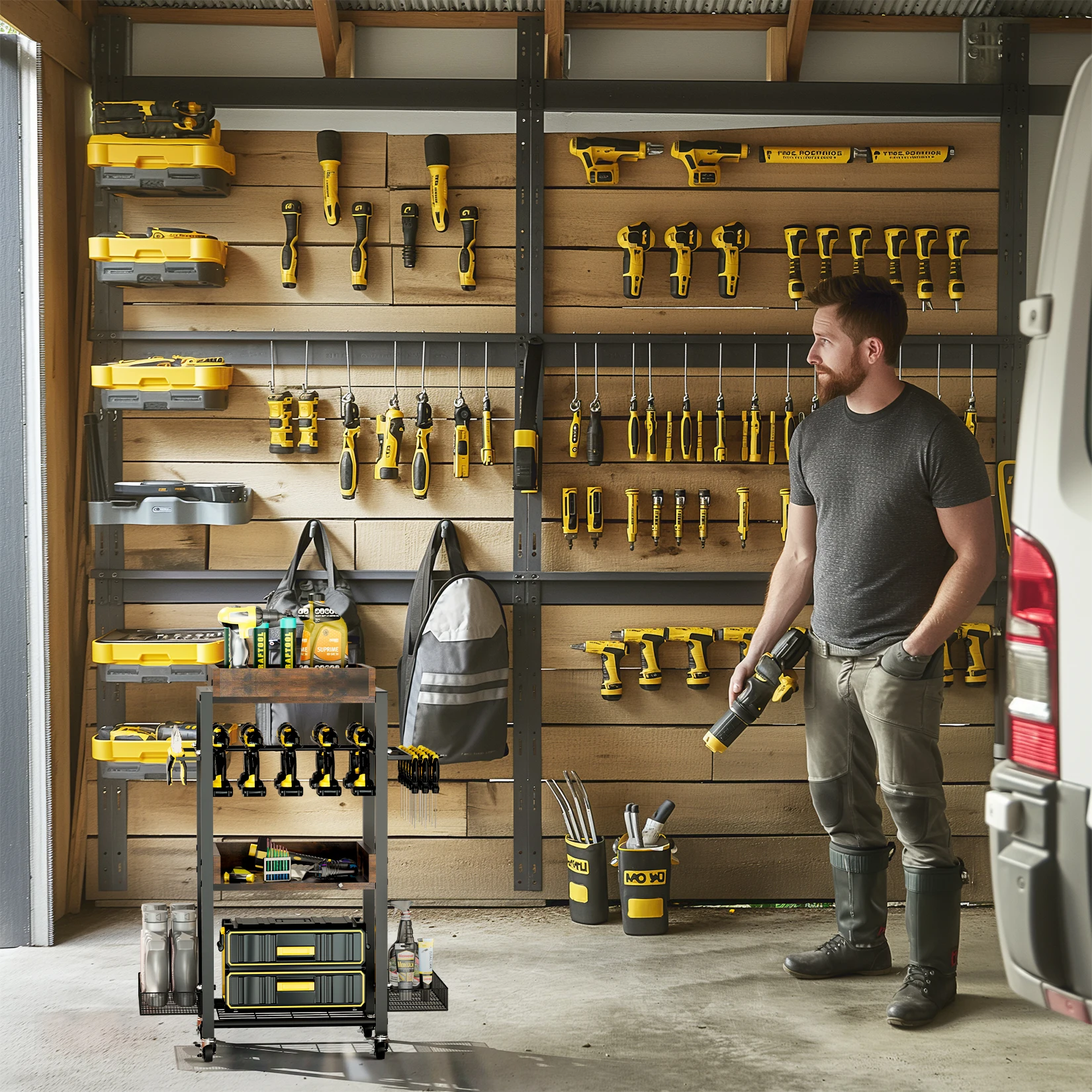 4 Tier Garage Storage Organization Shelving Tool Holder Drill Rack Shelf Rolling Cart Open Tool Chest Cabinet Box Organizer with 4