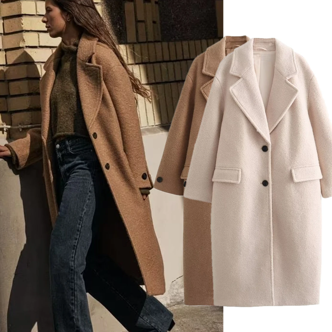 Dave&Di British Fashion LadiesWoolen Coat Winter Long Coat  Simple and French Elegant Coat Jacket Women