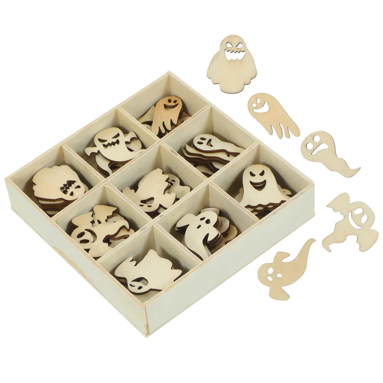 

Magiclulu Unfinished Wood Shapes 72Pcs Halloween Wooden Chips Unfinished Wood Slices Blank Hollow Cutouts Nine Grid Wooden Box