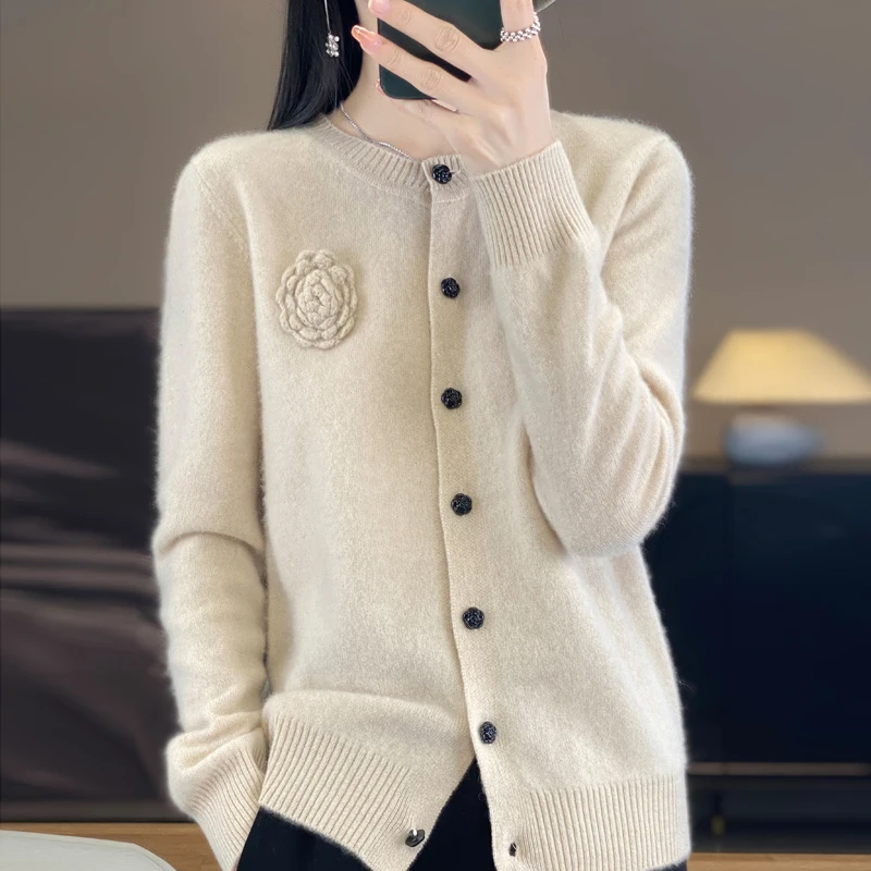100% Merino Cashmere Sweater Women's Cashmere Cardigan sweater loose solid color autumn and winter comfort top 4