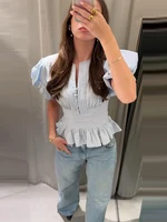 Chemisier décontracté à volants, manches courtes, col rond, boutonnage simple, cintré, chic et polyvalent, pour femme, collection Printemps-Été 2026 2