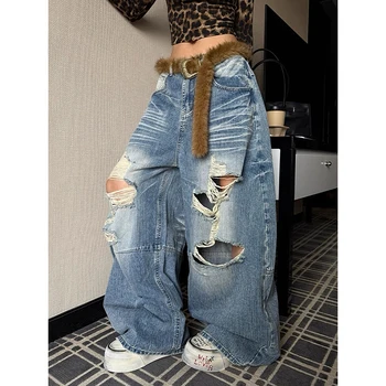 ZHIZOU Women Blue Baggy Y2k Ripped Jeans Hip Hop Grunge Wide Jean Pants Vintage 2000s Harajuku Denim Trousers Clothes Summer 1