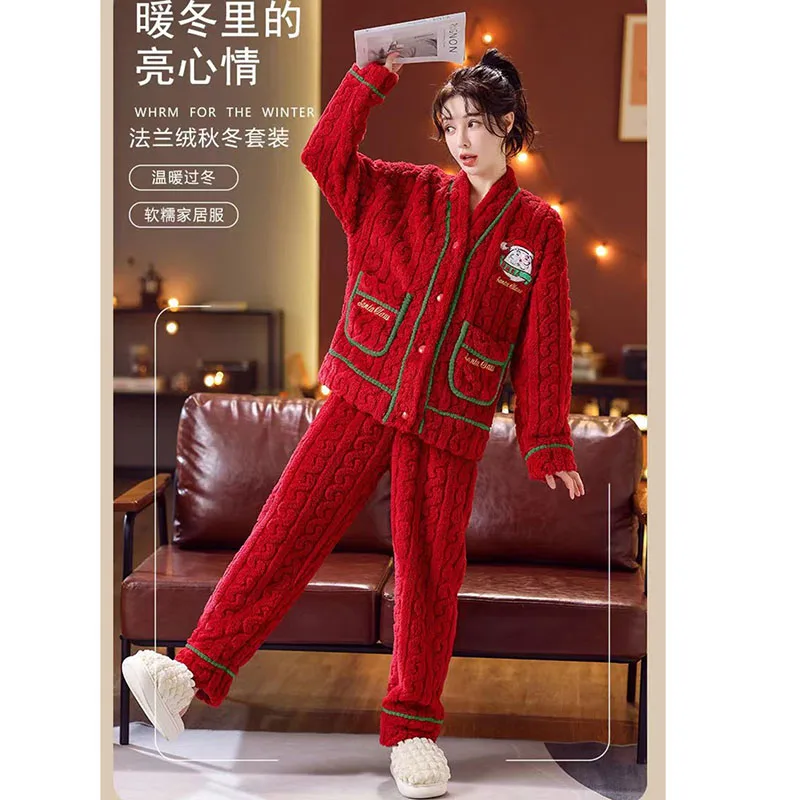 Sleepwear Women's Autumn Winter Sets New Flannel Plush Thickened V-Neck Cardigan For Home Wearing Christmas Set Red Pajamas Thic