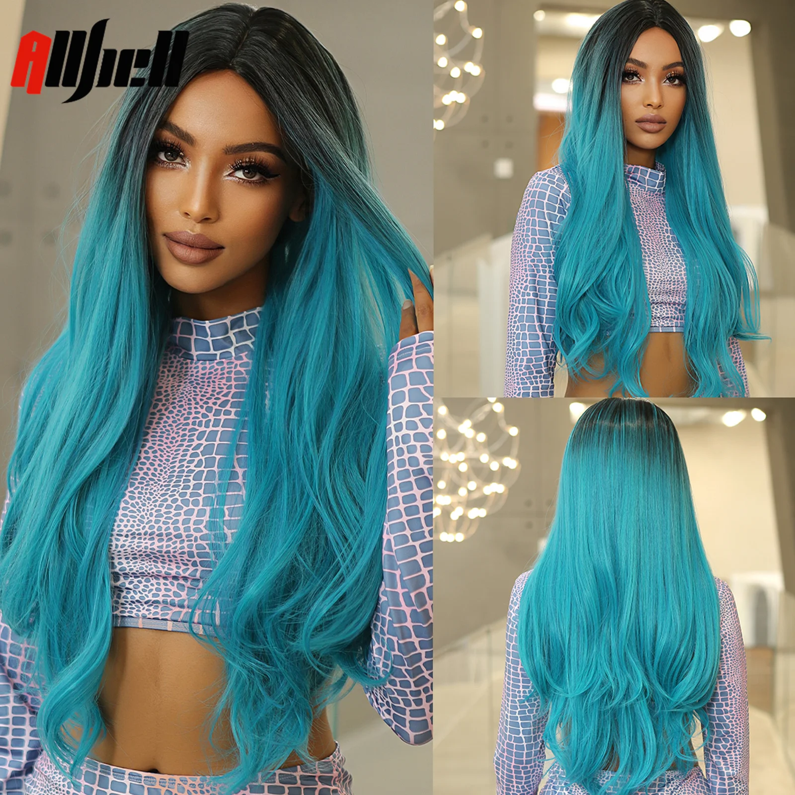LongWavyCosplayWigBodyWaveBlueOmbreSyntheticWigsNaturalHair