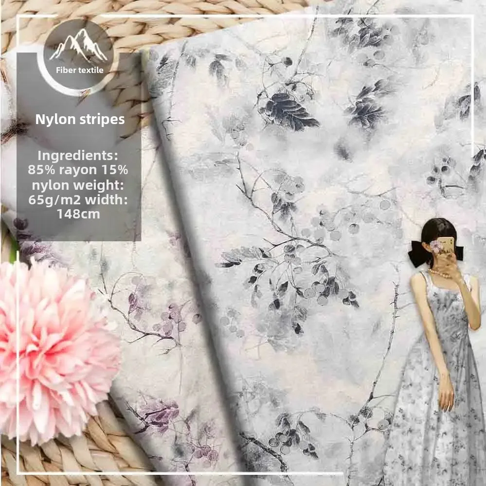 Digital Printing Fabric Water-Media Diffusion Cotton Twill Weave Spring Summer Women's Cheongsam Material Floral Pattern