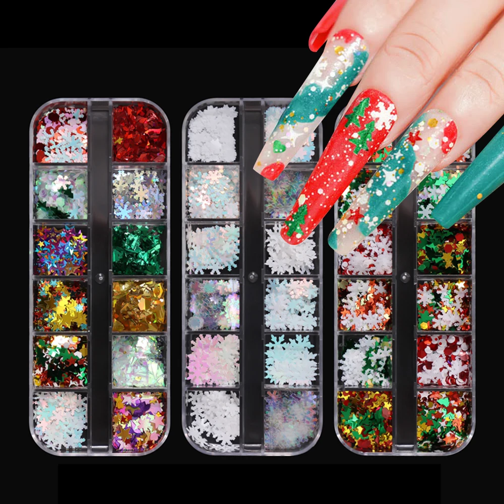 Christmas Nail Glitter Sequins, 12 Grids Holographic Snowflake