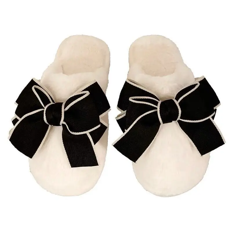

Korean version cute girl heart sweet bow knot winter warm indoor non slip plush cotton slippers