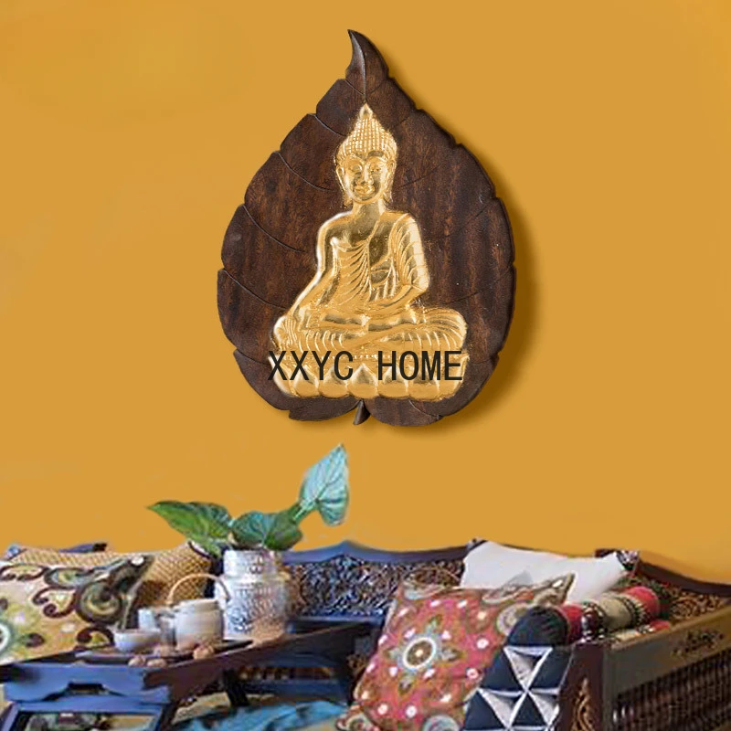 

Thailand Teak Crafts Decoration Living Room Solid Wood Carved Gold Foil Buddha Statue Wall Hanging