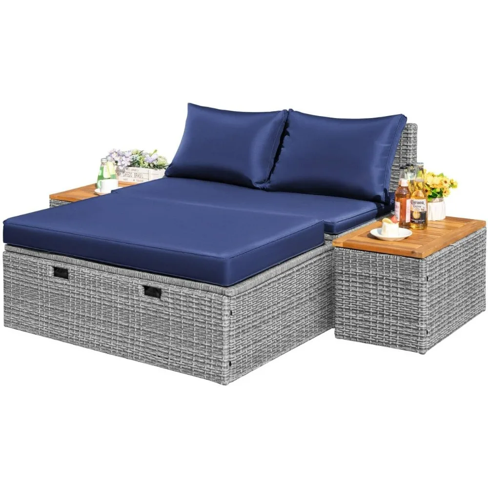 

Patio Rattan Daybed with 2 Side Tables, Multifunctional Outdoor Patio Daybed with Footrest, Cushions, Storage Ottoman,