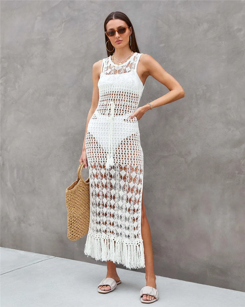 

Women Crochet Beach Cover Ups Summer Cutout Backless Tassel Long Dress Swimsuit Cover-ups Bikini Swimwear Knitted Bathing Suit