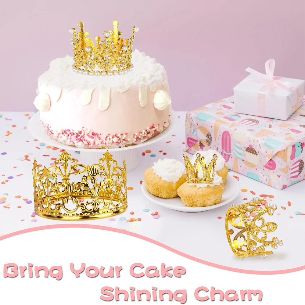 1 Stück schimmernde goldene Mini-Kronen-Kuchendekorationszubehör, Prinzessinnen-Dekorationen für Geburtstage, Hochzeiten, Duschen, Partys – Detail 7