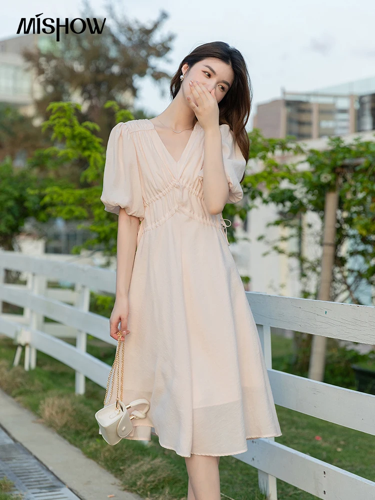 

MISHOW Dresses for Women 2022 Summer New Elegant Vneck High Waist Slim A-line Midi Dress Korean Style Female Vestidos MXB22L0731