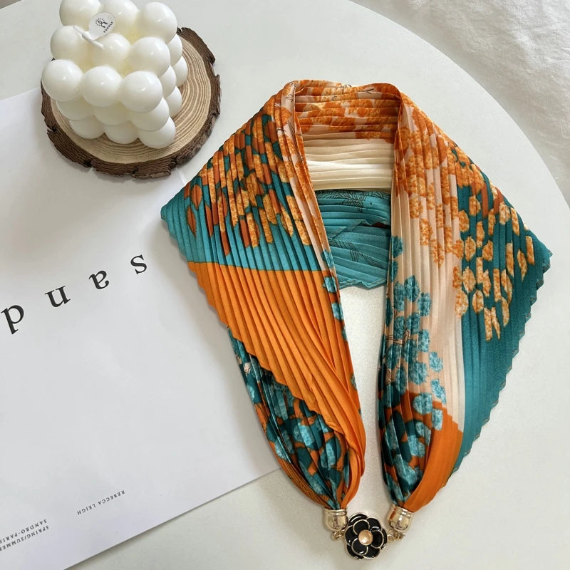 Fashion Magnet Buckle Neckerchief Solid Silk Scarf Women Skinny