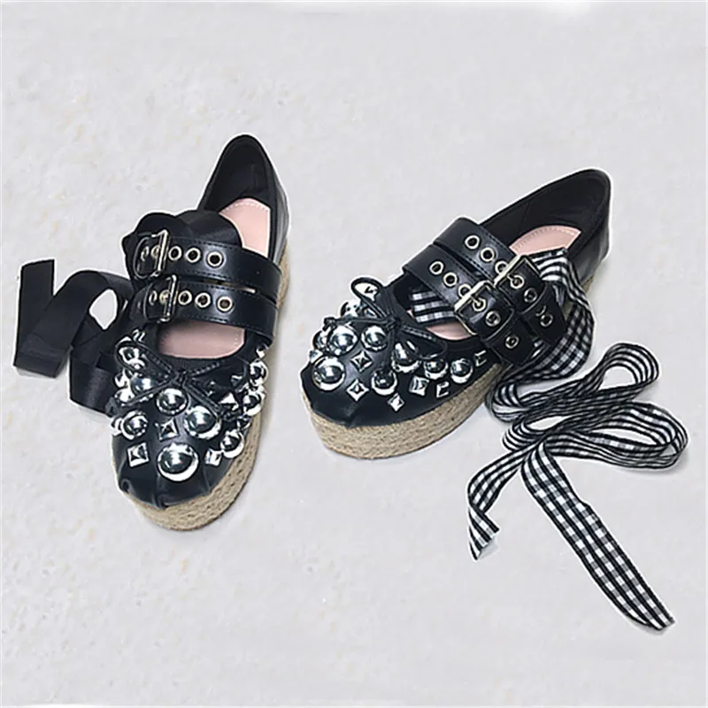 

Rivet Platform Round Toe Mary Janes Cross Strap Ballet Pumps Straw Fisherman Shoes Women Invisible Inner Height Increasing