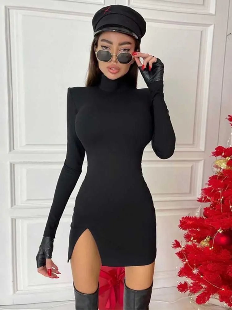 Mini robe moulante à manches longues pour femmes, couleur unie, noir, Slim, paquet de hanches, vêtements féminins, Streetwear, printemps automne 2022