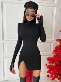 Mini abito da donna primavera autunno manica lunga aderente tinta unita nero pacchetto sottile 2022 abbigliamento femminile Streetwear 1