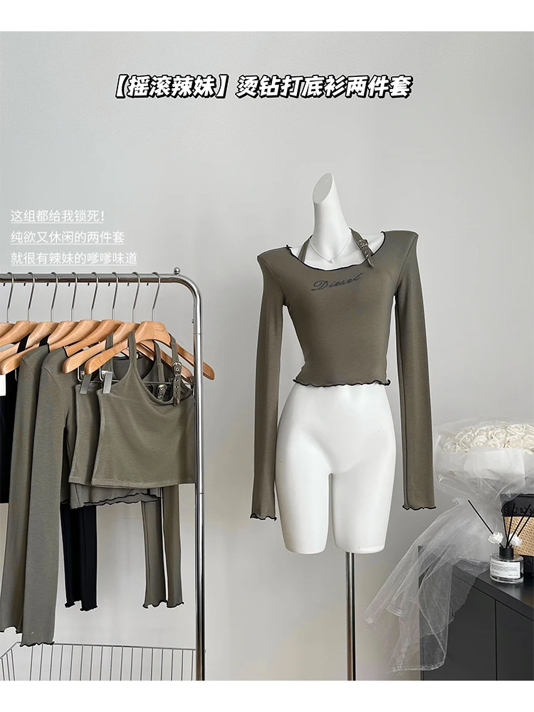 

Женская зеленая футболка Y2k в Корейском стиле 90-х Y2k, Винтажная футболка в стиле Харадзюку, Однотонная футболка с длинным рукавом, одежда 1920-х, 2000