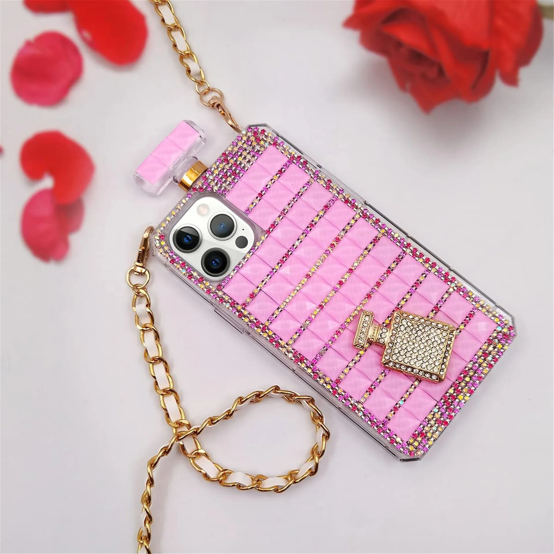 For iPhone 14 15 Plus X XsMax Luxury Bling Chain Diamond Rhinestone Crystal Perfume Bottle Phone Case for Apple 11 12 13 Pro Max