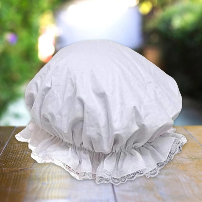 Women Breathable Satin Lace Bonnet Lady White Elastic Brim Maid Hat for Stage Role Playing and Halloween Costume Cosplay Props 5