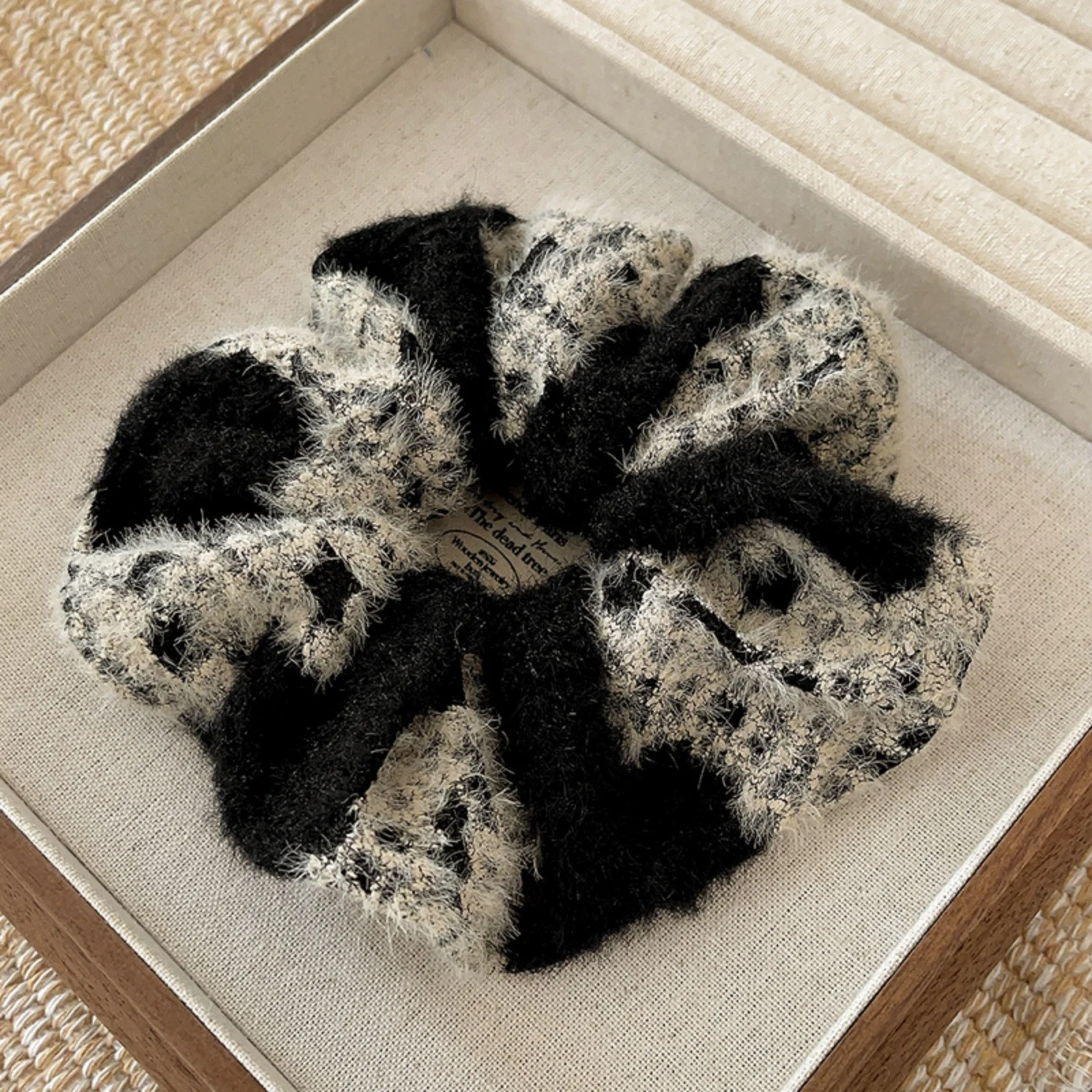 1PC Fuzzy Plaid Scrunchies,Black Brown Hair Ties, Soft Fluffy Knit Hair Accessories, Stylish Winter Hair Decor