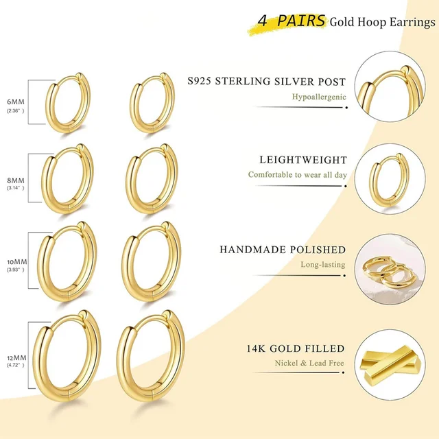 Boucles d'oreilles circulaires en acier inoxydable pour femmes, 4 paire/ensemble, petits cerceaux classiques à hélice, anneau Huggie, Piercing du Cartilage, bijoux