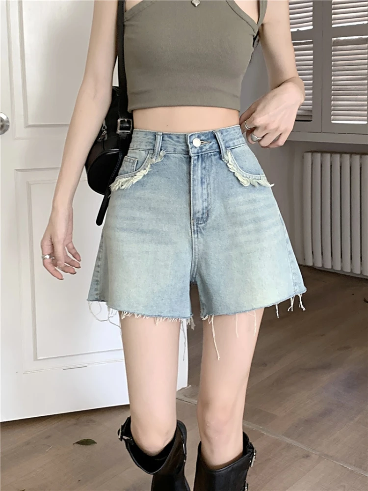 

FTLZZ New Summer Casual Slim Button Pockets Straight Denim Shorts Women Fashion Vintage High Waist Wide Leg Shorts