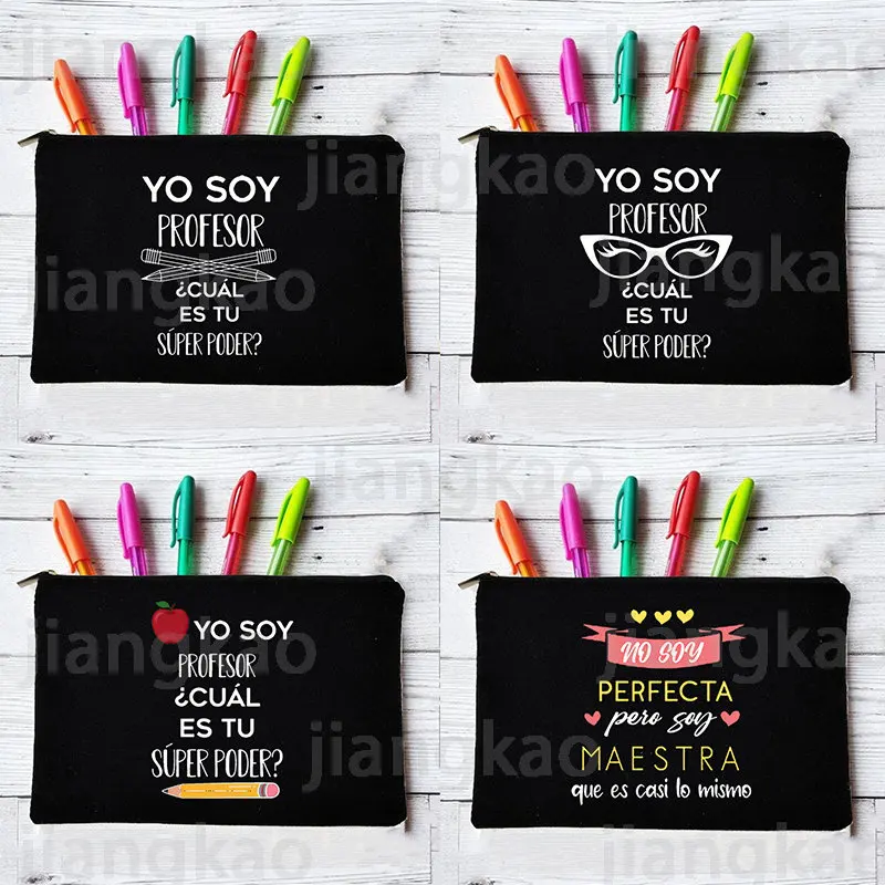 

Yo Soy Profesor Cual Es Tu Superpoder Spanish Makeup Bags Teacher Canvas Pencil Storage Pouch Travel Toiletries Organizer Gifts