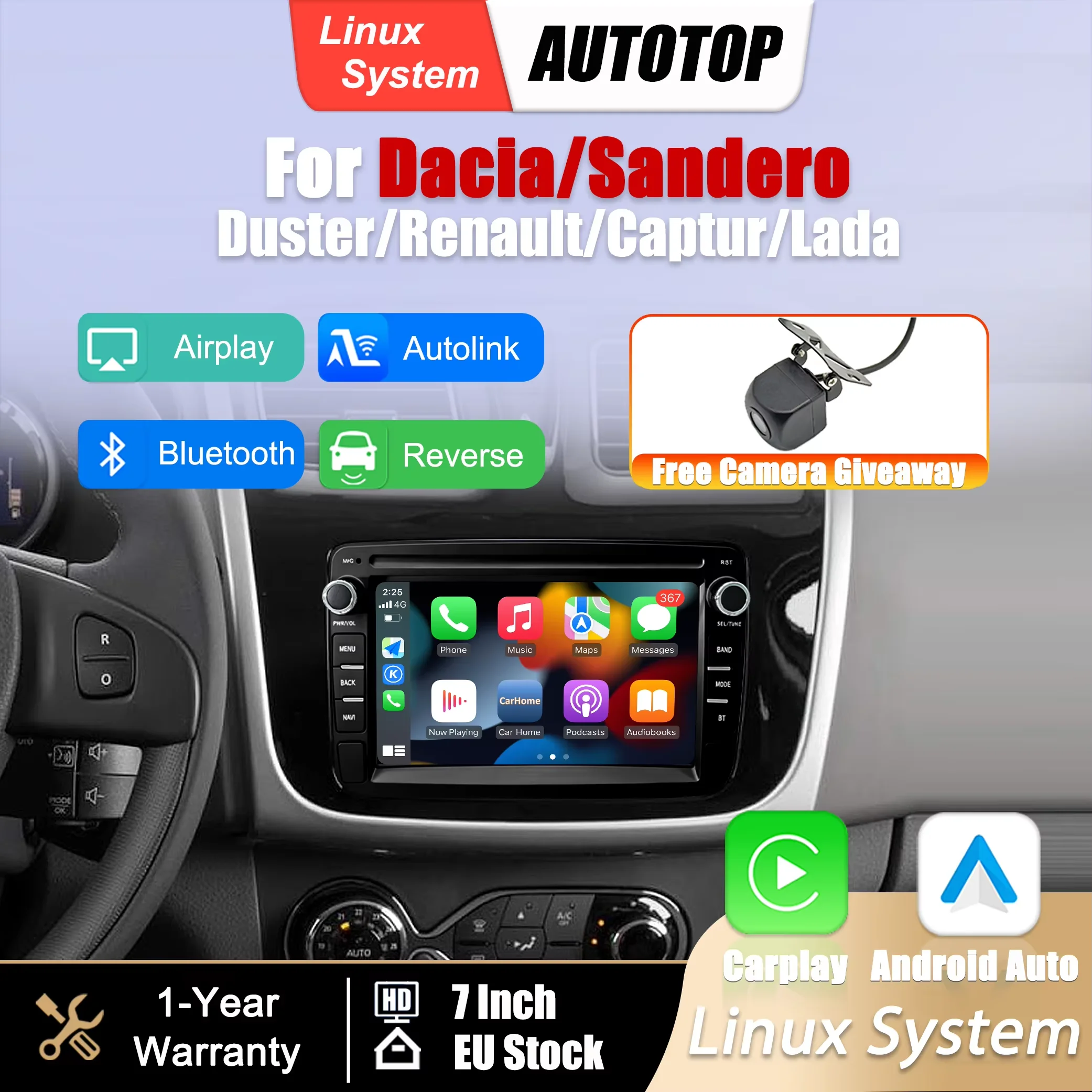 Pantalla Multimedia Linux de 7 pulgadas, CarPlay inalámbrico, Android Auto para Renault Dacia Duster Sandero Captur Xray Logan 2 Symbol Dokker Lodgy GPS Navi Bluetooth cámara trasera DSP SWC Radio para coche 1