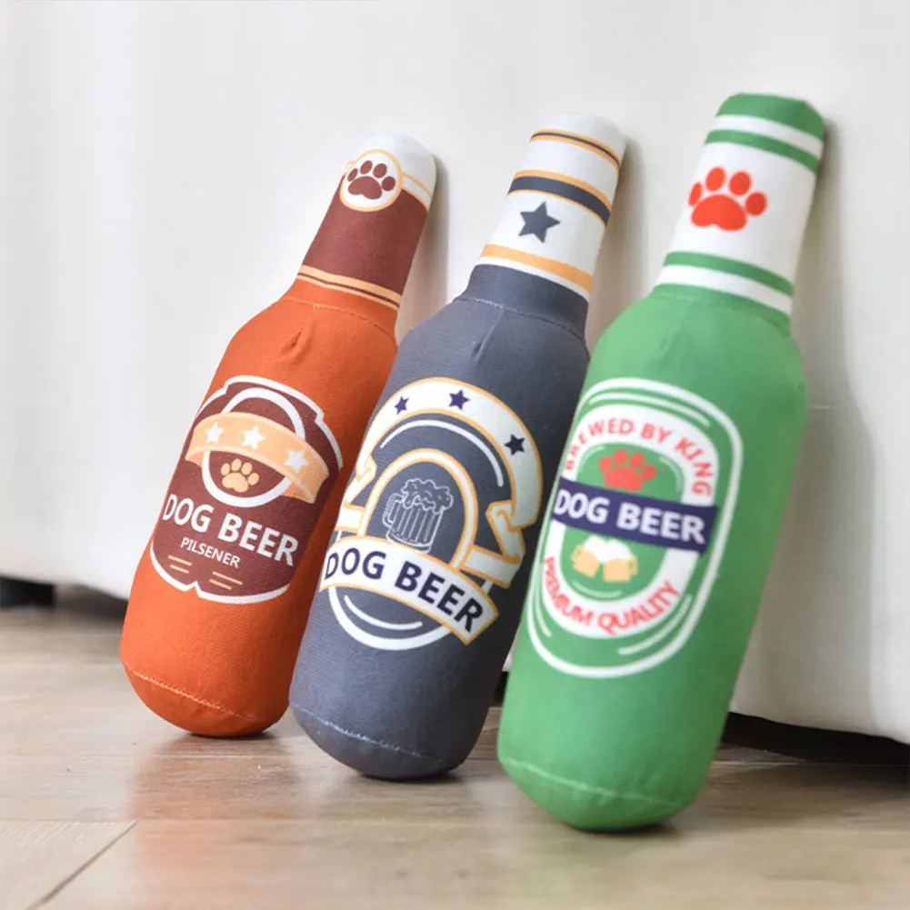 Beer Bottle Squeaky Dog Toy Wine Bottle Plush Dog Toy Teeth Cleaning Squeaky Dog Chew Toy Soft Beer Bottle Shape Toy for Puppies 2