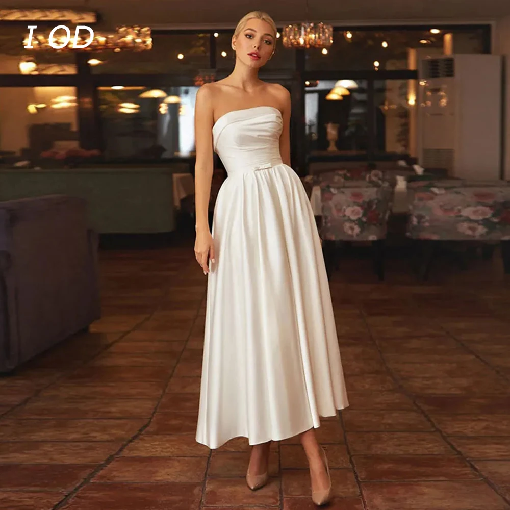 

I OD Minimalist Strapless Satin Wedding Dress Slim Fit A-line Women's Wedding Dress De Novia New