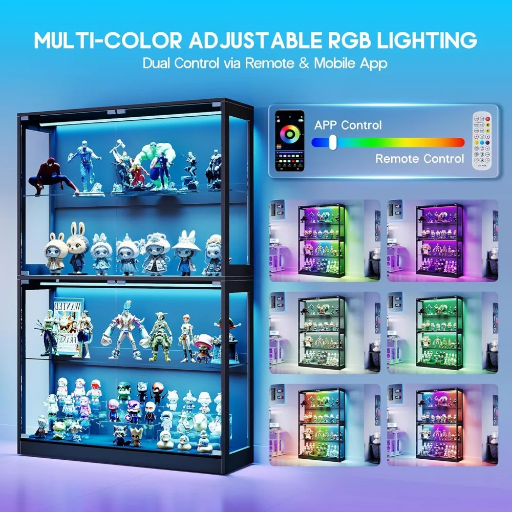 rgb display cabinet with adjustable glass shelves, 4-tier storage case with led lights & press-to-open doors, modern display sh