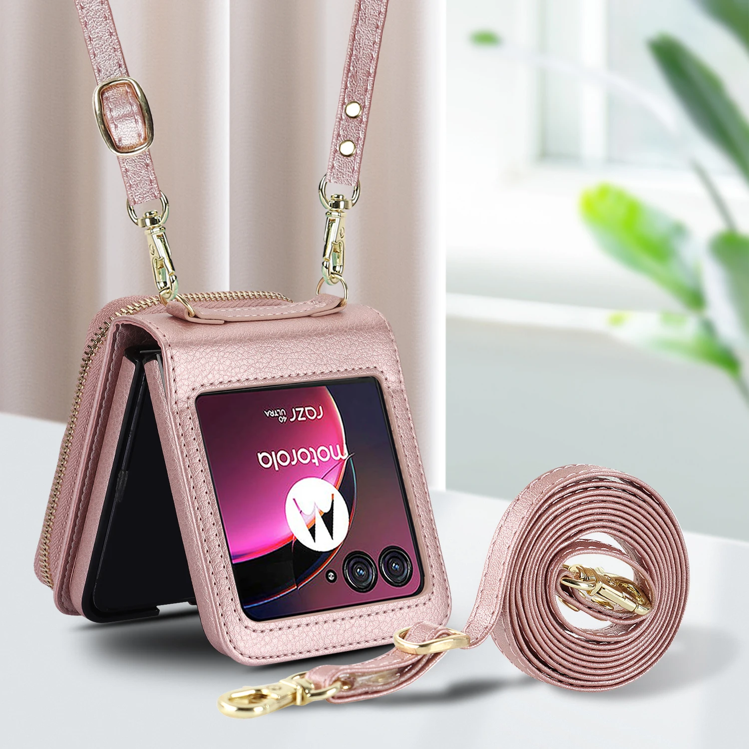 Crossbody Zipper Card Slot Leather Wallet Case with Long Lanyard and RFID Protection